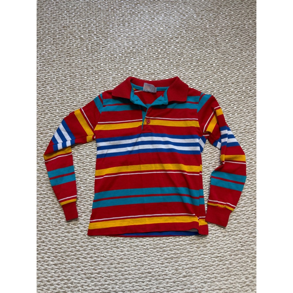 Vintage McKids Boys Red Striped Long Sleeve Polo Shirt Size L 7‎ Made in USA